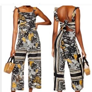 Topshop Black, Mustard & White Tropical Tie-Back Wide-Leg Jumpsuit